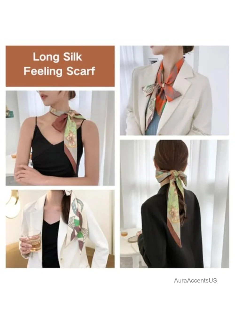 2 Pack Silk Fashion Skinny Scarf for Women, Long Neckerchief, Hair Ribbon,